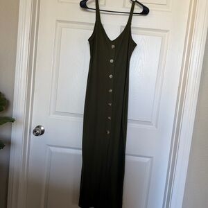 Olive Green Button Detail Dress Front Slit Size Medium